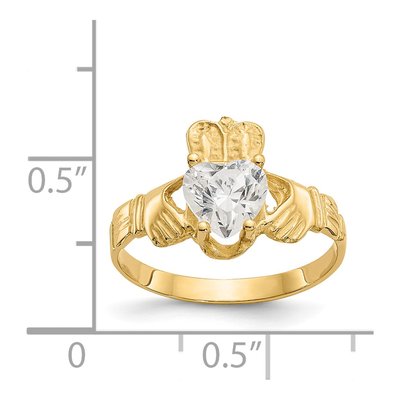 14K Yellow Gold April CZ Claddagh Heart Ring – view 3