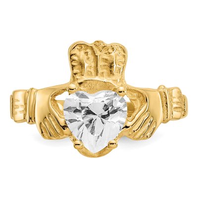 14K Yellow Gold April CZ Claddagh Heart Ring – view 5