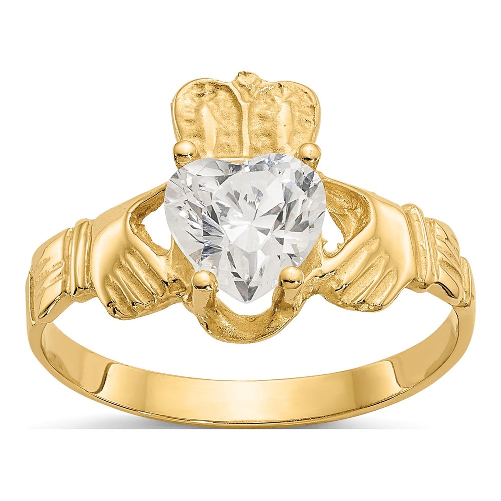 14K Yellow Gold April CZ Claddagh Heart Ring
