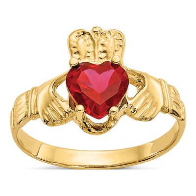 14K Yellow Gold July CZ Claddagh Birthstone Ring