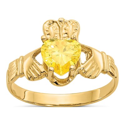 14K Yellow Gold November CZ Claddagh Ring