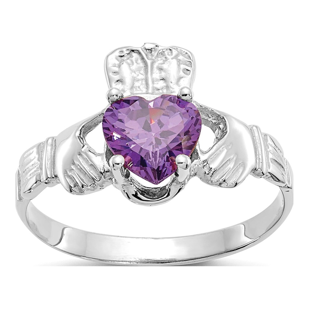 14K White Gold February Birthstone Claddagh Ring