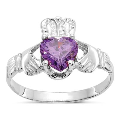 14K White Gold February Birthstone Claddagh Ring