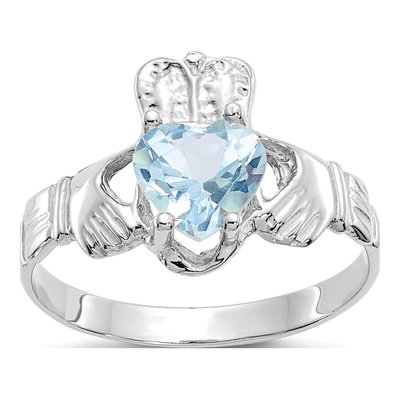 14K White Gold March Birthstone Claddagh Ring