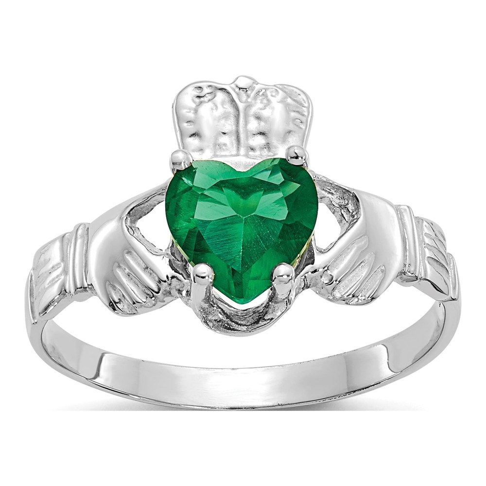 14K White Gold May CZ Heart Claddagh Ring