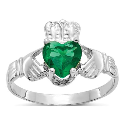 14K White Gold May CZ Heart Claddagh Ring