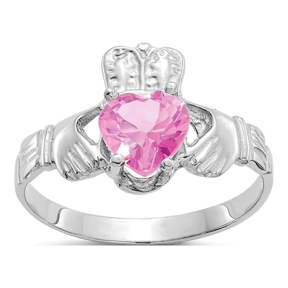 14K White Gold October CZ Claddagh Birthstone Ring