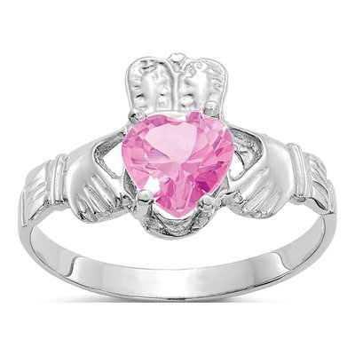 14K White Gold October CZ Claddagh Birthstone Ring