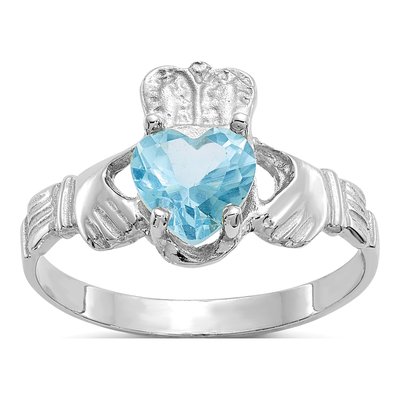 14K White Gold December CZ Heart Claddagh Ring