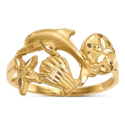 14K Yellow Gold Dolphin Starfish Ring