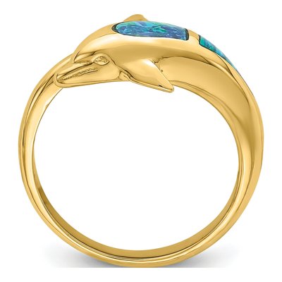 14K Yellow Gold Lab-Created Opal Dolphin Ring – view 3