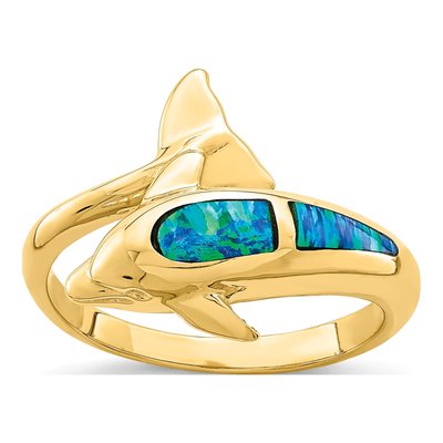 14K Yellow Gold Lab-Created Opal Dolphin Ring