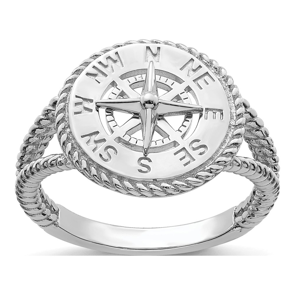 14K White Gold Nautical Compass Rope Edge Ring