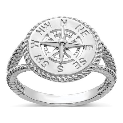 14K White Gold Nautical Compass Rope Edge Ring