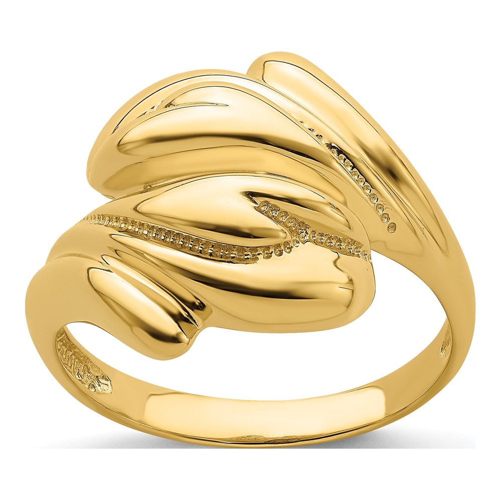 14K Yellow Gold Beaded Swirl Crossover Ring