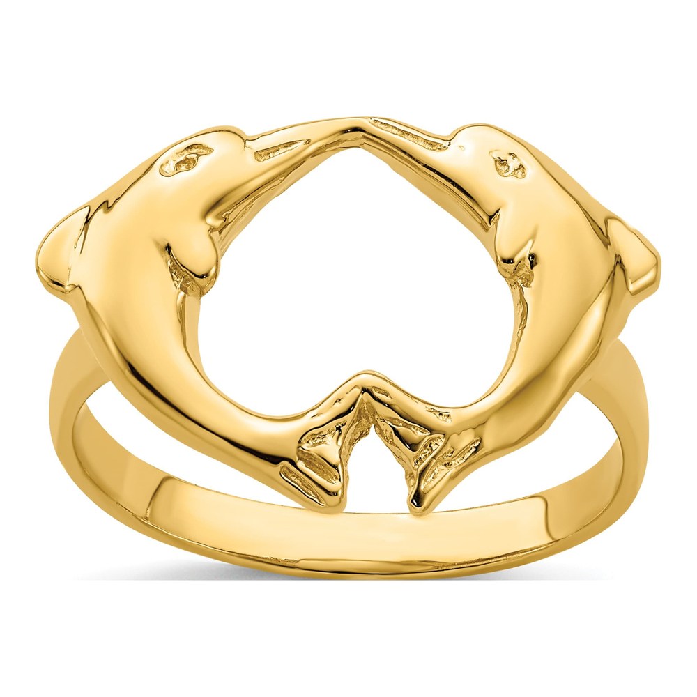 14K Yellow Gold Dolphins Heart Ring