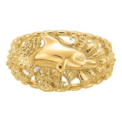 14K Yellow Gold Dolphin Sand Dollar Ring – view 6