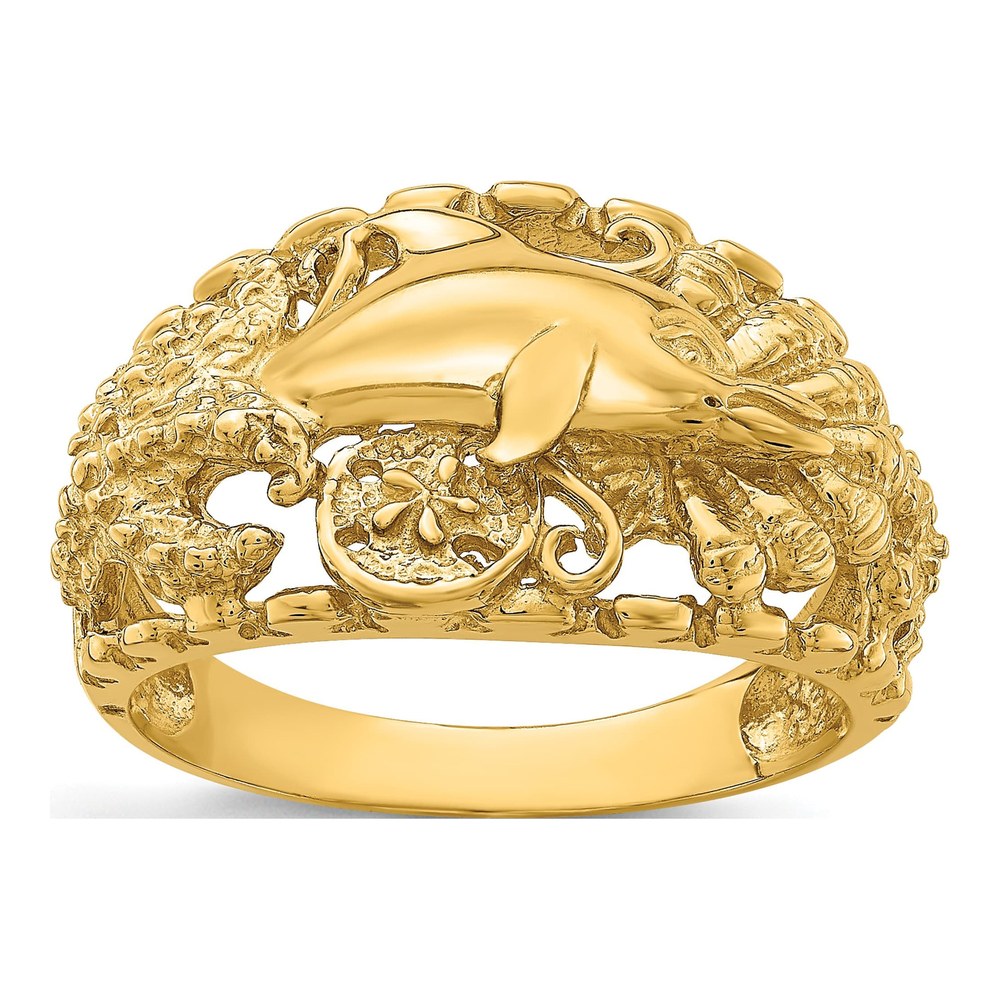 14K Yellow Gold Dolphin Sand Dollar Ring