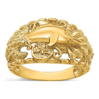 14K Yellow Gold Dolphin Sand Dollar Ring