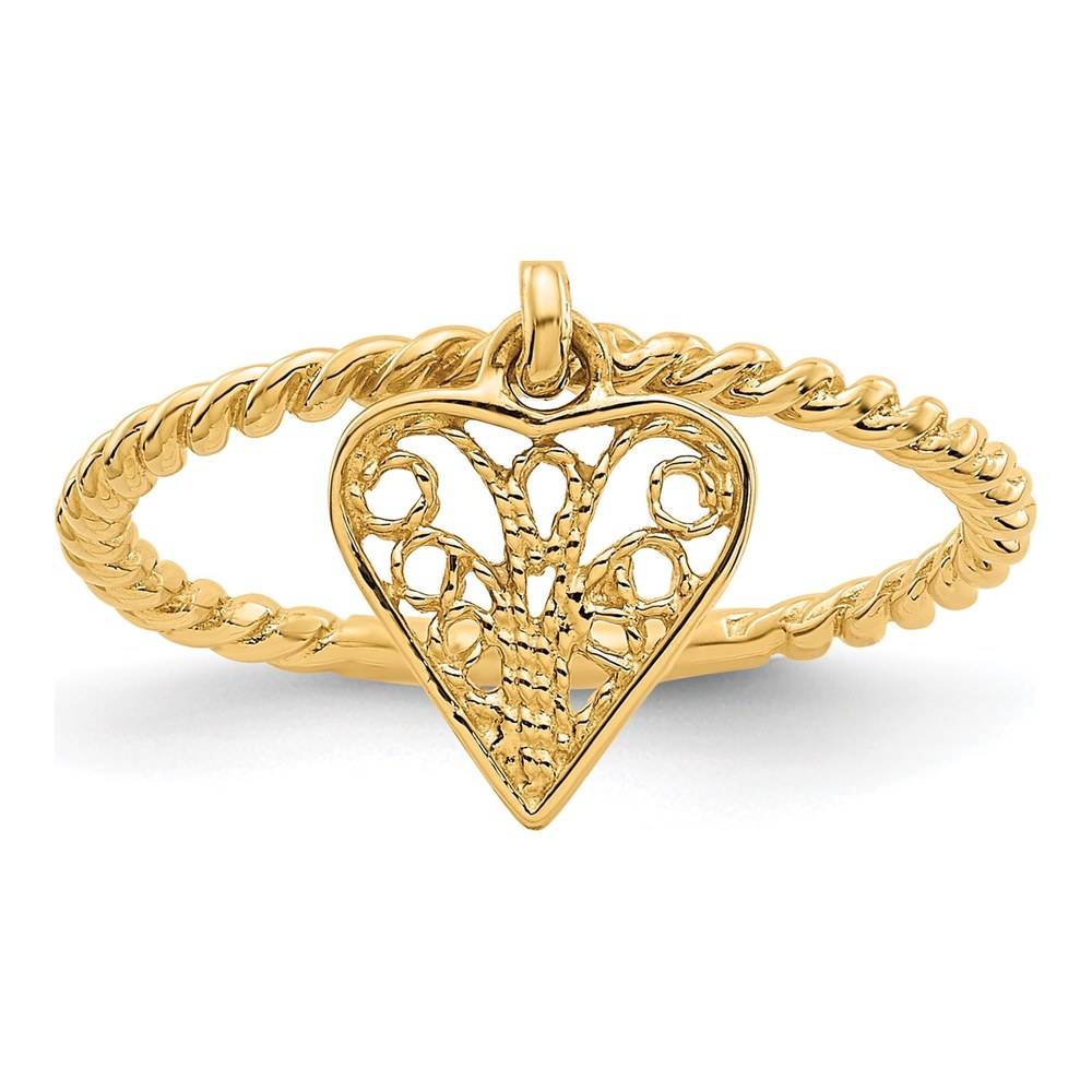 14K Yellow Gold Filigree Heart Dangle Ring