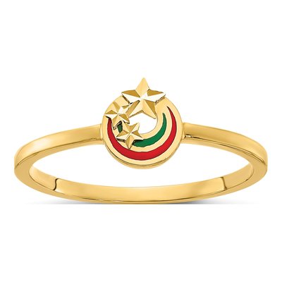 14K Yellow Gold Red Green Enamel Star Ring