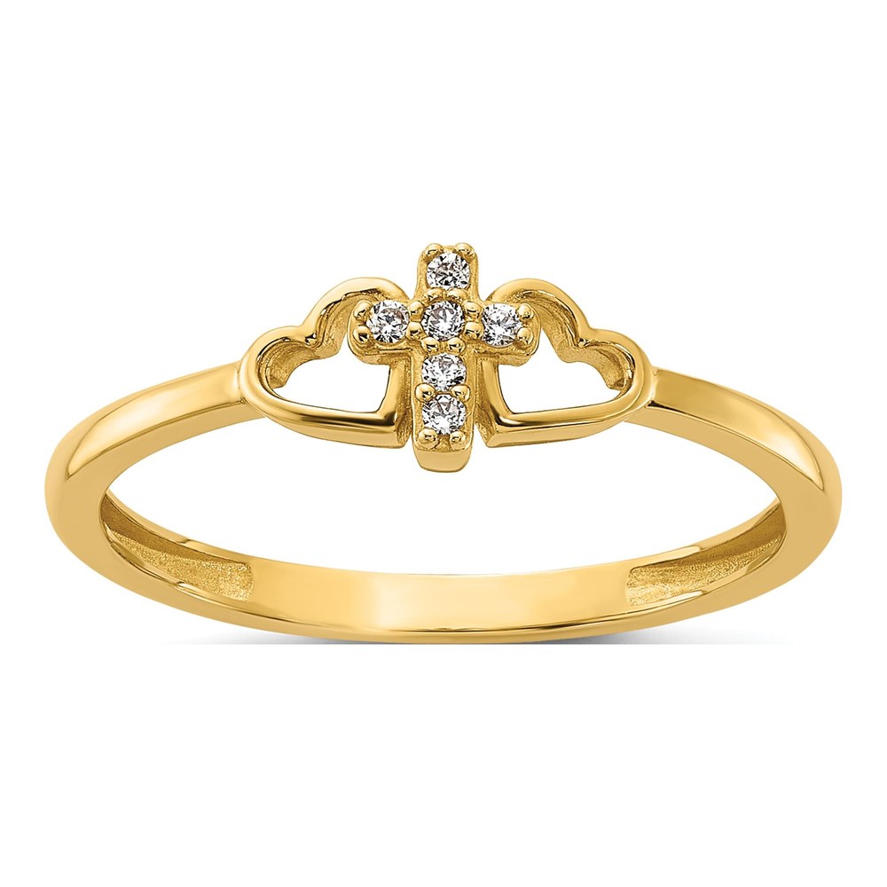 14K Yellow Gold CZ Cross & Hearts Ring
