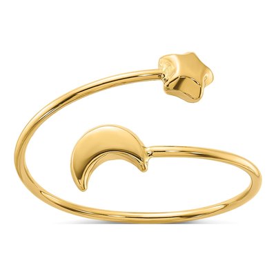 14K Yellow Gold Moon Star Adjustable Bypass Ring
