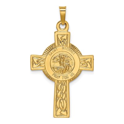 14K Yellow Gold St Michael Cross Medal Pendant