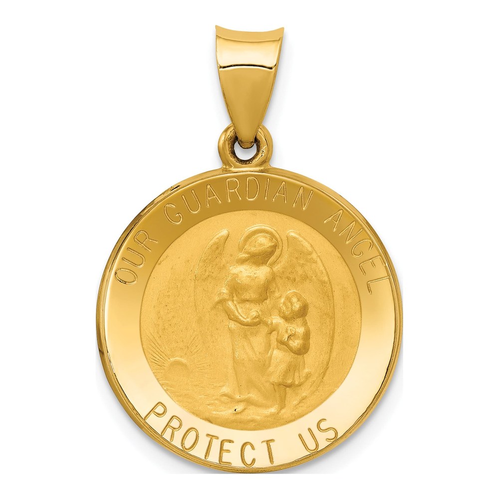 14K Yellow Gold Guardian Angel Medal Hollow Pendant