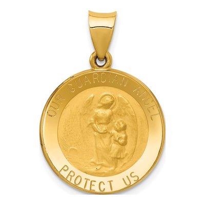 14K Yellow Gold Guardian Angel Medal Hollow Pendant