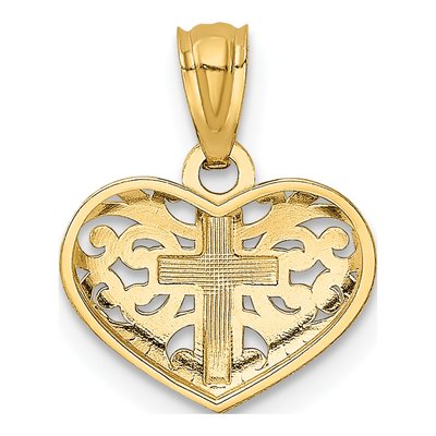 14K Yellow Gold Filigree Heart Cross Pendant – view 4