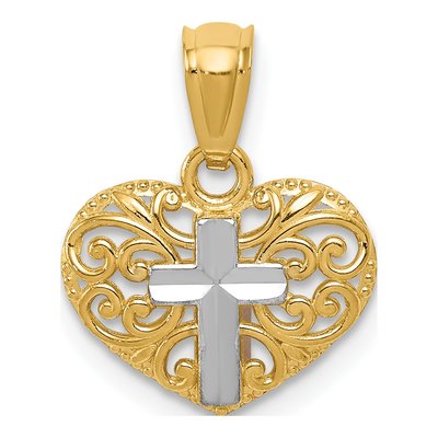 14K Yellow Gold Filigree Heart Cross Pendant