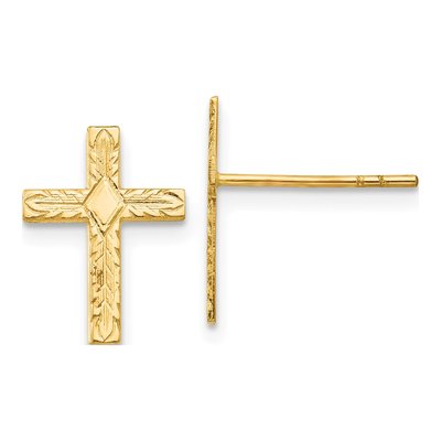 14K Yellow Gold Textured Cross Stud Earrings