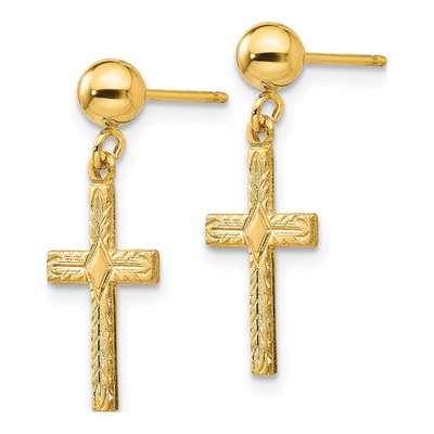 14K Yellow Gold Textured Cross Dangle Earrings – view 3