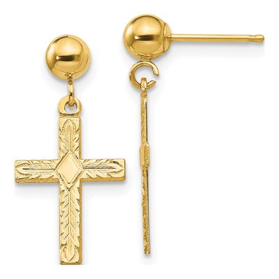 14K Yellow Gold Textured Cross Dangle Earrings