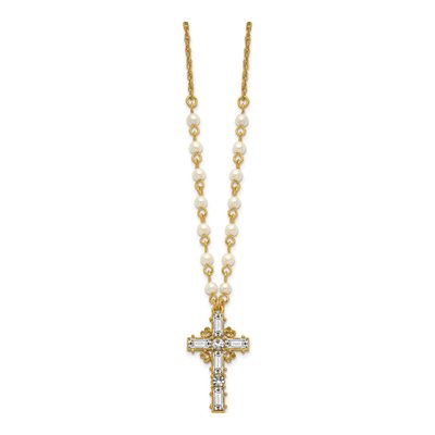 Gold-Tone Cross Necklace with Simulated Pearl Chain, 20in
