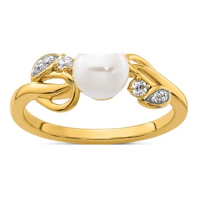 14K Yellow Gold 1/15 ct tw Freshwater Cultured Pearl & Diamond Ring