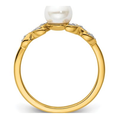 14K Yellow Gold 1/20 ct tw Freshwater Cultured Pearl & Diamond Leaf Ring – view 2
