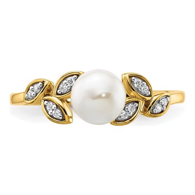 14K Yellow Gold 1/20 ct tw Freshwater Cultured Pearl & Diamond Leaf Ring – view 4