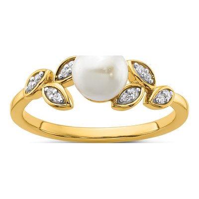 14K Yellow Gold 1/20 ct tw Freshwater Cultured Pearl & Diamond Leaf Ring