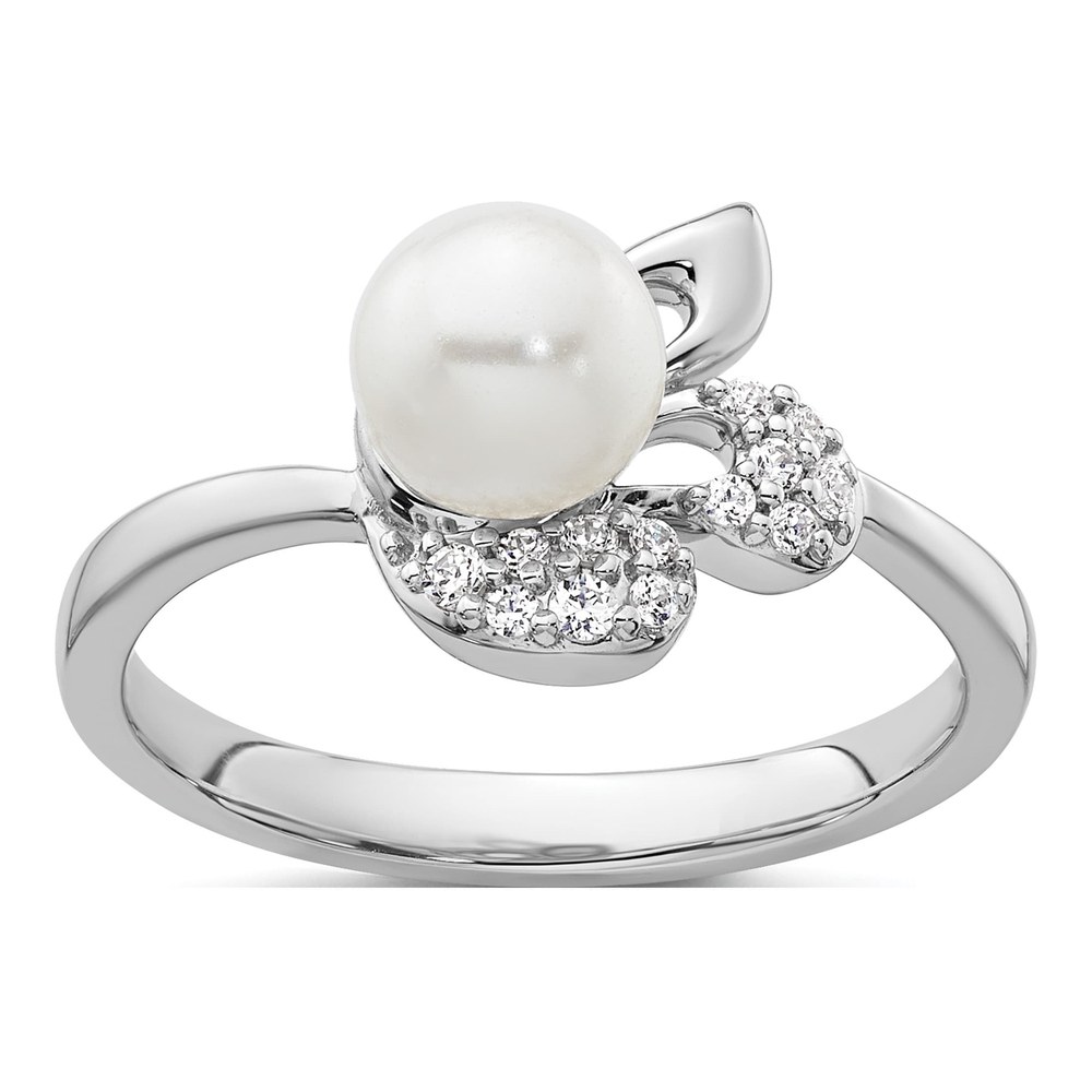 14K White Gold Rhodium-Plated Polished 1/10 Carat Diamond And White Freshwater Cultured Pearl Size 7 Ring