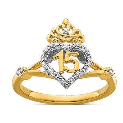 14K Two-Tone Gold 1/15 ct tw Diamond Quinceanera Heart Crown Ring