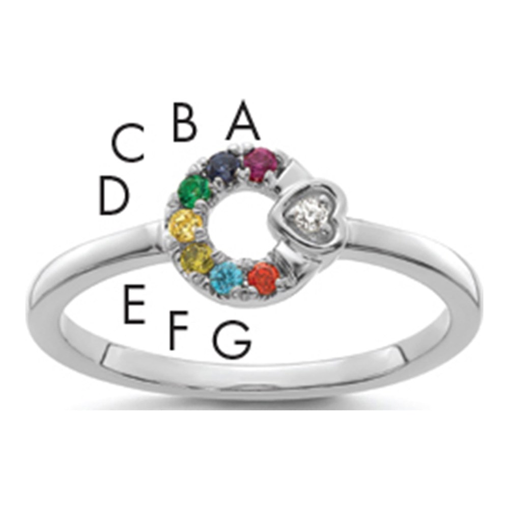 14K Wg Dia. Heart With 7 Synthetic Birthstone Mother's Circle Ring