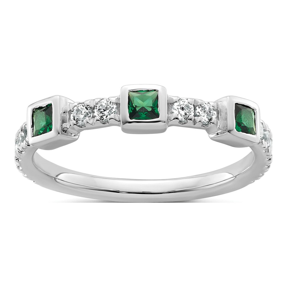 14K White Gold Rhodium-Plated Polished 1/3 Carat Diamond And Princess Emerald Fashion Ring
