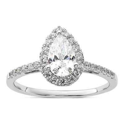 14K White Gold Diamond Pear Halo Engagement Ring Semi-Mount