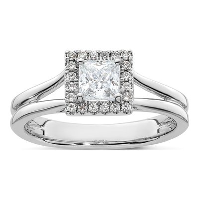 14K White Gold Diamond Halo Engagement Ring Semi-Mount