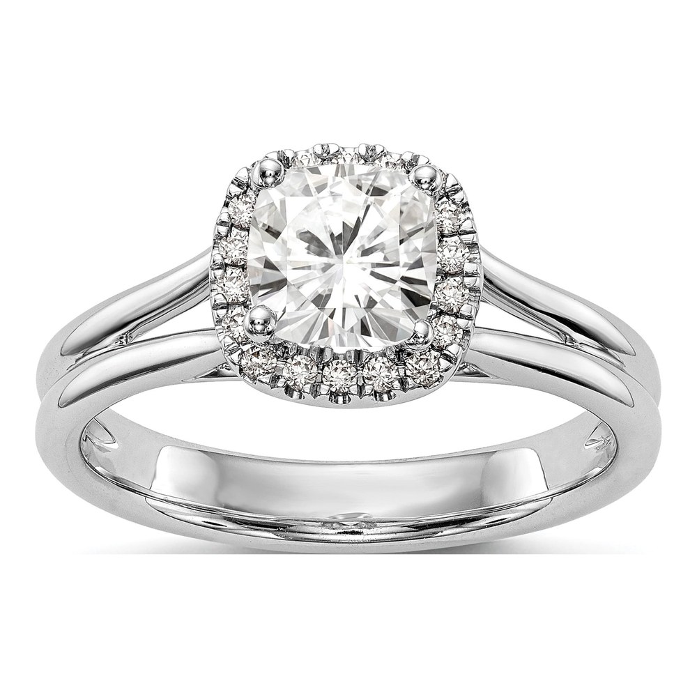 14K White Gold Rhodium-Plated Cushion Halo Diamond Semi-Mount Split Shank Engagement Ring