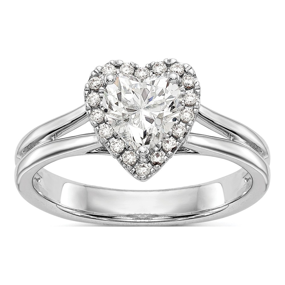 14K White Gold Rhodium-Plated Halo (holds 1 Carat (6.6mm) Heart Center) 1/8 Carat Diamond Semi-Mount Split Shank Engagement Ring