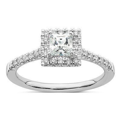 14K White Gold Diamond Princess Halo Engagement Ring Semi-Mount