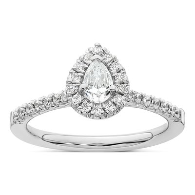 14K White Gold Diamond Pear Halo Engagement Ring Semi-Mount